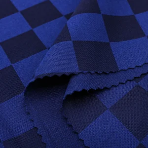 ผ้าโพลีเอสเตอร์ ผ้าแจ็คการ์ดอินเตอร์ล็อค ผ้าเรียบไมโคร สีน้ำเงินลายตาราง PK458